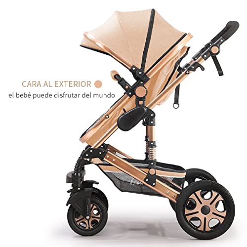 Belecoo Trio Set silla de paseo 3en1 hasta 25 kg, capazo de bebé con colchón desde el nacimiento, silla de paseo con respaldo reclinable, fácil de plegar (Caqui)