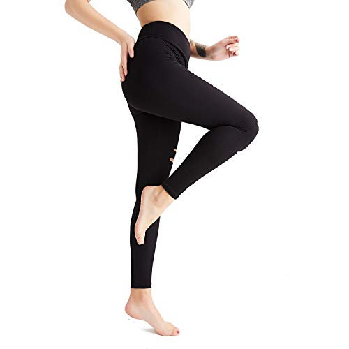BESIDE STAR 2 Piezas Las Mujeres rasgaron el Recorte Leggins Pantalon Deporte Yoga, Leggings Mujer Fitness Suaves Elásticos Cintura Alta para Reducir Vientre Negro L