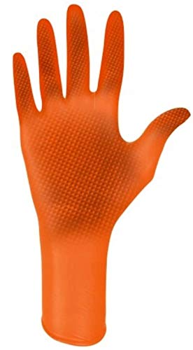<b>Guantes de nitrilo naranjas IDEALL GRIP+, talla: L - 50 unidades, Guantes de seguridad desechables sin talco, sin látex, guantes de nitrilo 2,5 veces más gruesos, textura de diamante</b>