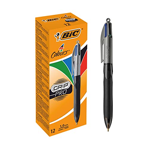 BIC Grip Pro 4 Colours, Boligrafos con Zona de Agarre, Óptimo para Oficina de la Escuela y el Hogar, Azul, Negro, Rojo, Verde, Paquete de 12 Unidades