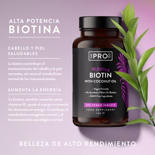 Biotina 10,000 mcg con aceite de coco - 365 comprimidos veganos (suministro para 1 año) - Biotina para el crecimiento del cabello - Vitaminas para el cabello y la piel - Hecho por The Pro Co.