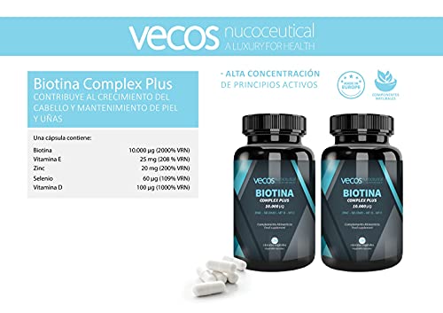 Biotina 10000 mcg de alta concentración + Zinc + Selenio + Vitaminas para la caida y crecimiento de cabello y uñas - 150 cápsulas vegatales