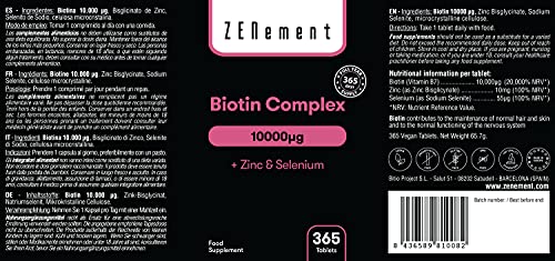 Biotina Complex, con Selenio y Zinc, 365 Comprimidos | Piel, Cabello y Uñas | Vegano, sin conservantes, sin alérgenos, No-GMO | de Zenement