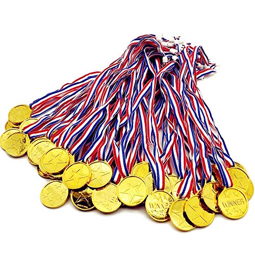 BJ-SHOP Medallas Ninos,Medallas Deportivas Premios plasticos de Oro para los ninos Fiesta Deportiva del Dia Recompensa tematica olimpica(12 Pcs)
