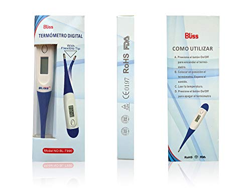 BLISS Termómetro Digital para la Fiebre con punta flexible, para una Rápida Medición de la Temperatura Corporal vía Oral, Rectal y en las Axilas para niños, Adultos y Bebés