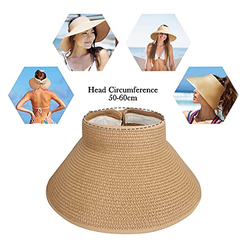 BLURBE Grande Mujer Sombrero de Paja de Visera Plegable - Sombreros de Verano con Lazo para la Playa de Sol,para Hacer Senderismo Proteccion Solar (Café Ligero)