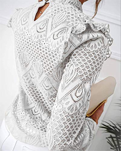 Blusa de mujer de encaje elegante vintage de manga larga cuello alto para primavera/otoño, blanco, XL