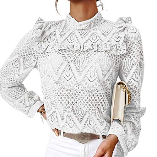 Blusa de mujer de encaje elegante vintage de manga larga cuello alto para primavera/otoño, blanco, XL