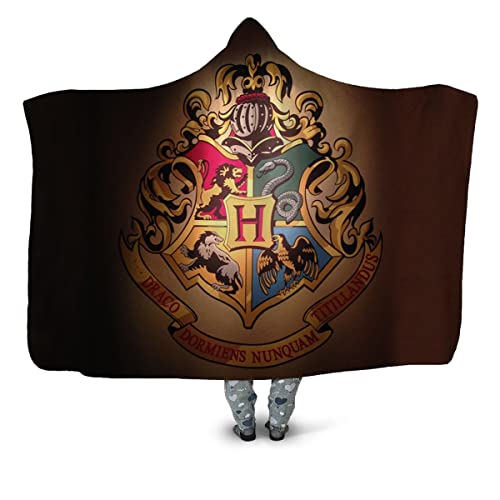 Bnjghcug Manta Usable - 3D Harry Potter Hogwarts Escuela Letrero Patrón Super Suave Cálido Felpa Doble Capa Polar con Capucha Manta Dos Tamaños para Todos,B,150 x 130cm