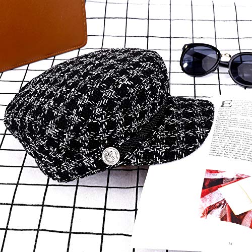 Boinas para Mujer Vintage Sombreros de Pata de Gallo Clásico Gorra Caliente Beret Gorras Planos de Invierno Elegantes para Mujer (M, 56-58 cm) Negro 1 Pieza