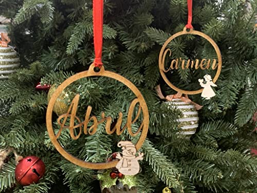 Bolas de navidad de madera personalizadas con nombre. Cordel incluido. Adornos navideños. Ornamento, decoración para el árbol de navidad