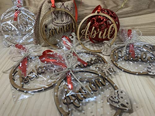 Bolas de navidad de madera personalizadas con nombre. Cordel incluido. Adornos navideños. Ornamento, decoración para el árbol de navidad