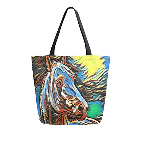 Bolsa de lona de semental de caballo colorida para la compra, lavable, reutilizable, bolsa para comestibles, compras, viajes, picnic, escuela