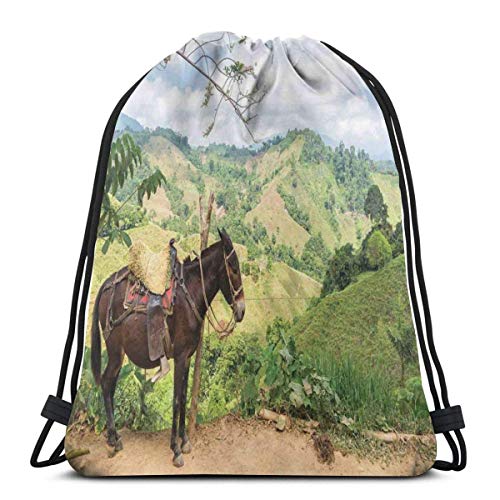 Bolsa de viaje con cordón Bapa Sport Gym Cinch Bag para mujeres, hombres y niños, un burro con exuberantes colinas verdes en la zona rural Colombia Montañas Paisaje Ilustración