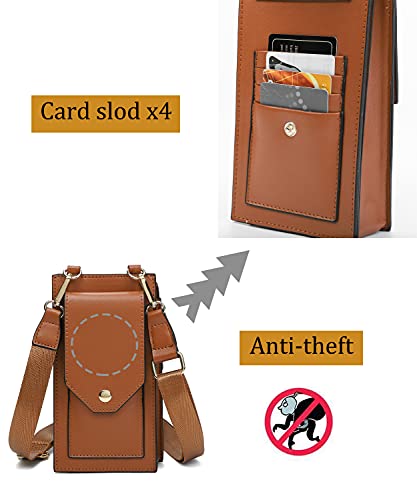 Bolso de Teléfono móvil para Mujer Bolso de Hombro de Cuero Crossbody Bag Correa Ajustable Pequeño Bolso Bandolera con Ranuras para Tarjeta marrón