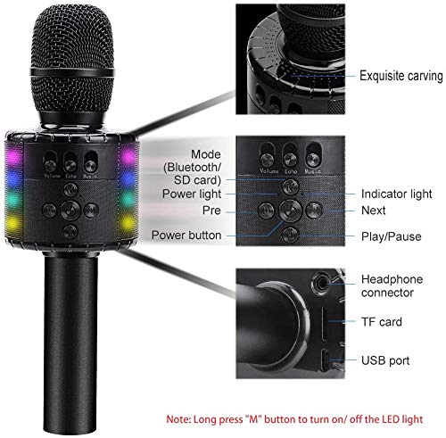 BONAOK Micrófono Karaoke Bluetooth, Micrófono Inalámbrico Karaoke con Luces LED, Micrófono de Grabación Niños cantando, Máquina Micrófonopara el Hogar KTV Player, Compatible con Android e iOS (Negro)