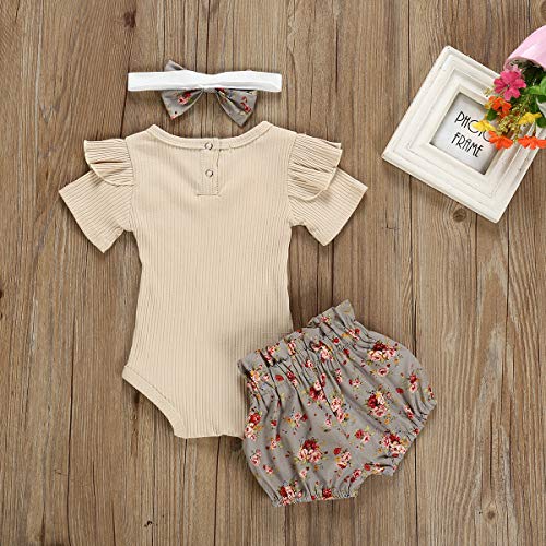 Borlai 3 trajes de verano para bebés y niñas, mameluco + pantalones cortos florales + diadema para 0-24 meses, Caqui + Gris, 24 meses