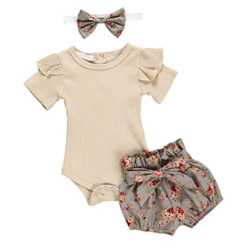 Borlai 3 trajes de verano para bebés y niñas, mameluco + pantalones cortos florales + diadema para 0-24 meses, Caqui + Gris, 24 meses
