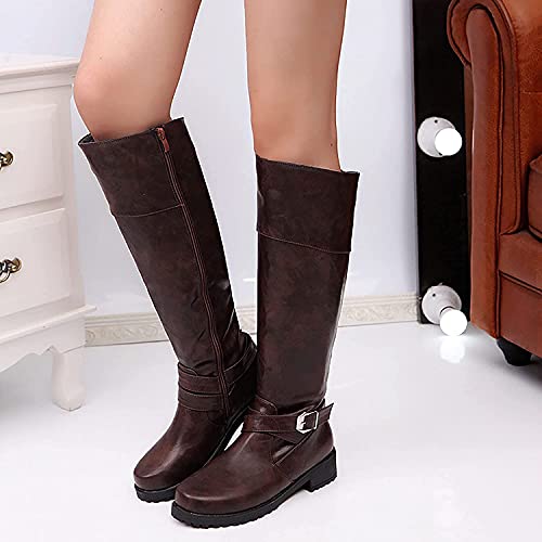 Botas Altas hasta la Rodilla cálidas de Invierno para Mujer, Moda Vintage Remaches con Cremallera Tacones de pezuña Caballo de Montar Botas de Becerro Sexy Botas de (Brown,5.5)