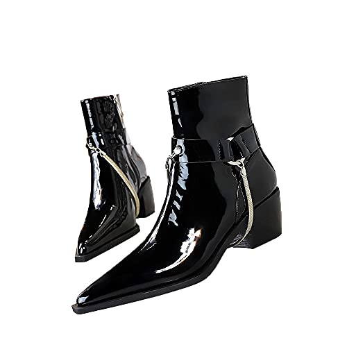 Botas de lluvia impermeables de piel de charol para mujer, 5,5 cm botas de equitación con cremallera lateral, cómodas suela exterior antideslizante (35 UE, color negro)