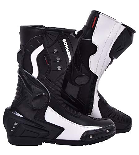 Botas de moto Hombre, botas de cuero deportivas, impermeables, de cuero, protectores rígidos integrados estables, con protección de tobillo, negro blanco - 44