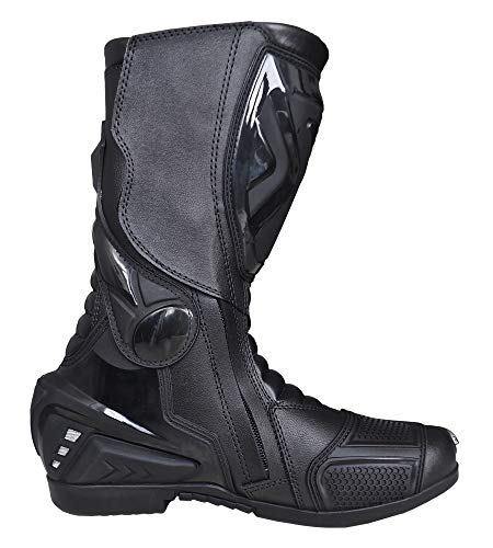 Botas de motocicleta Hombre, botas de cuero deportivas, impermeables, de cuero, protectores rígidos integrados estables, con protección de tobillo, negro, 42