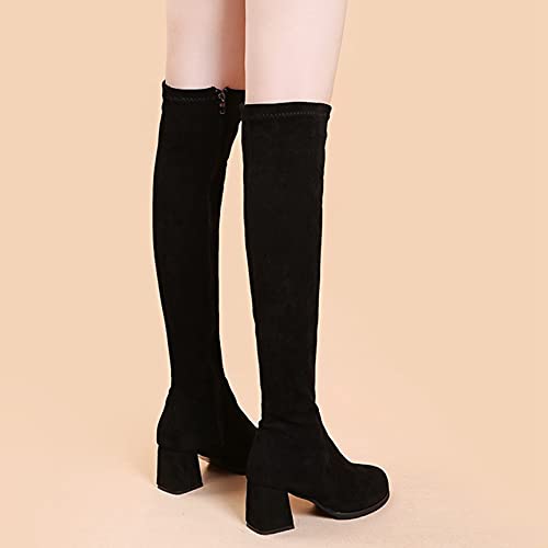 Botas de otoño invierno para mujer, botas negras de tacón grueso, ajustadas, elásticas, con punta redonda, cremallera lateral, hasta el muslo, botas por encima de la rodilla