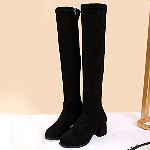 Botas de otoño invierno para mujer, botas negras de tacón grueso, ajustadas, elásticas, con punta redonda, cremallera lateral, hasta el muslo, botas por encima de la rodilla