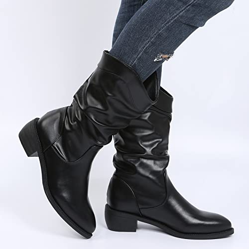 Botas de piel de media pantorrilla para mujer, de bloque bajo, gruesas, puntera puntiaguda, anchas, botas occidentales, botas deslizantes, botas de equitación, botas para mujer, Black, 38 EU