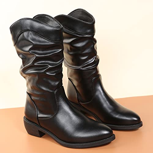 Botas de piel de media pantorrilla para mujer, de bloque bajo, gruesas, puntera puntiaguda, anchas, botas occidentales, botas deslizantes, botas de equitación, botas para mujer, Black, 37.5 EU