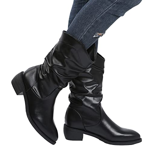 Botas de piel de media pantorrilla para mujer, de bloque bajo, gruesas, puntera puntiaguda, anchas, botas occidentales, botas deslizantes, botas de equitación, botas para mujer, Black, 36 EU