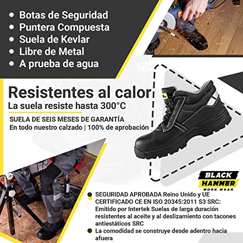 Botas de Seguridad para Caballeros Puntera de Cuero Impermeable Kevlar Tobillo No Metálico HRO S3 SRC 1111 Black Hammer (41 EU)