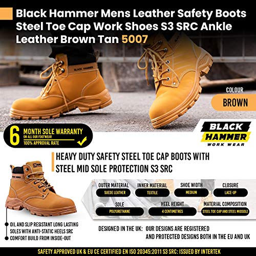 Botas de Seguridad para Hombre con Puntera de Acero Zapatos de Trabajo S3 SRC Tobillo de Cuero marrón Tan 5007 Black Hammer (43 EU)