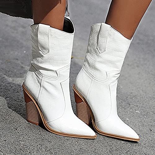 Botas de tobillo para mujer con tacón apilado y tacón alto con punta puntiaguda, botas occidentales, puntera cerrada, zapatos de alta comodidad para mujer, White, 36.5 EU