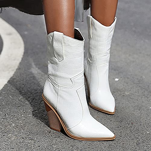 Botas de tobillo para mujer con tacón apilado y tacón alto con punta puntiaguda, botas occidentales, puntera cerrada, zapatos de alta comodidad para mujer, White, 36.5 EU