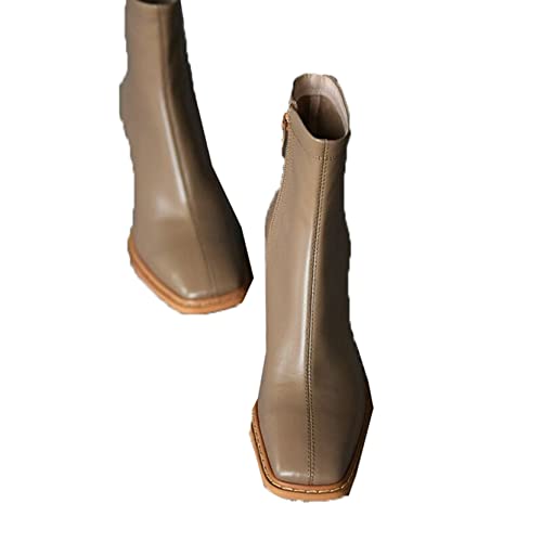 Botas Martin para mujer Otoño e invierno ceñidas Caqui punta cuadrada con cremallera lateral tacón de bloque botines de tacón alto botas de viento británicas