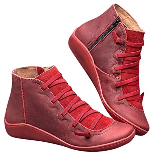 Botas Mujer 2019 Botines Cuero Zapatos de Cordones Vintage Otoño Botas Tacón Plano Cómodas Mujeres Botas Cortas con Cremallera Cabeza Redonda Zapatos Casuales 35-43 riou