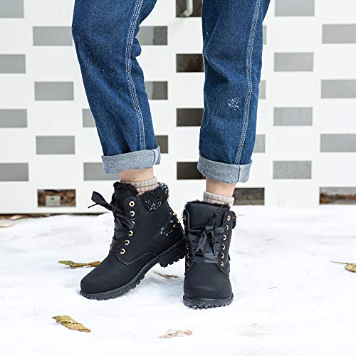 Botas Mujer Invierno Botas de Nieve Cálido Zapatos Botines Forradas Planas Snow Boots Antideslizante Calzado Comodos Cordones Negro-1 39 EU