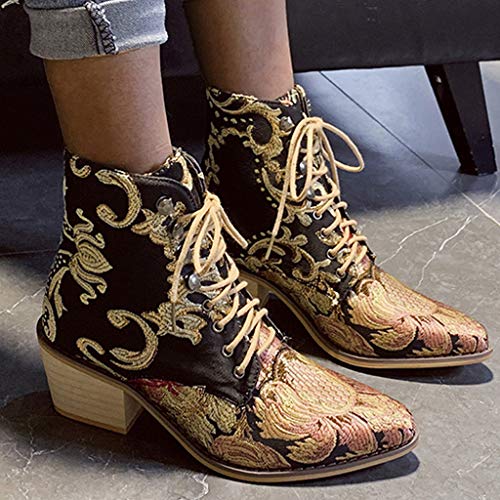 Botas Vintage Mujer 2019 Botines con Cordones Zapatos Retro Bohemios Zapatos Bordado Flores Zapatos Tacon Ancho Puntiagudos Fiesta Zapatos de Discoteca Yvelands(Negro,40)