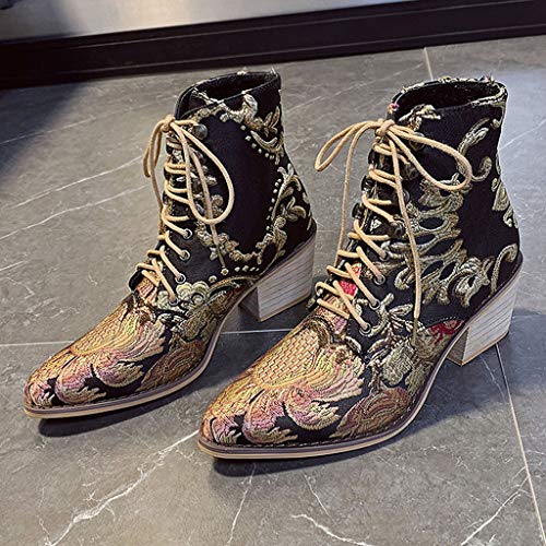 Botas Vintage Mujer 2019 Botines con Cordones Zapatos Retro Bohemios Zapatos Bordado Flores Zapatos Tacon Ancho Puntiagudos Fiesta Zapatos de Discoteca Yvelands(Negro,40)