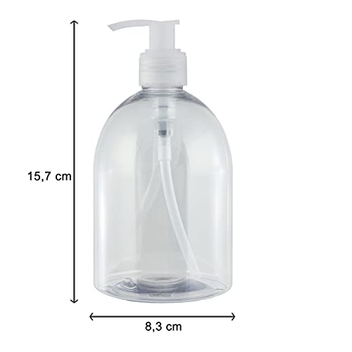 Bote dispensador de Gel rellenable 500 ml. Frasco dosificador hermético de plástico Pet Transparente para jabón, champú, lociones, hidroalcohol. (12 Unidades).