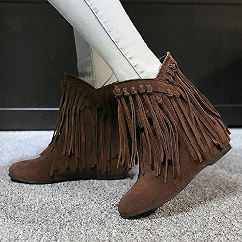 Botines de borla retro para las mujeres de ante con punta de almendra, botines planos de tobillo con flecos botas occidentales de moda alta superior zapatos para caminar botas para mujer, Brown, 40 EU