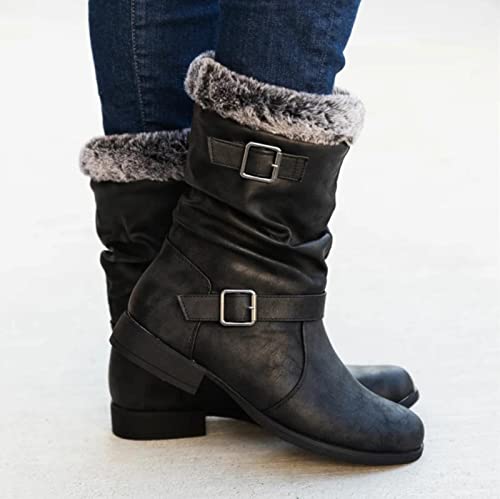 Botines de mujer con borlas de piel sintética y forro cálido, botas de vaquero con flecos y tachuelas, botines de media altura con tacón de bloque, Negro , 41 EU