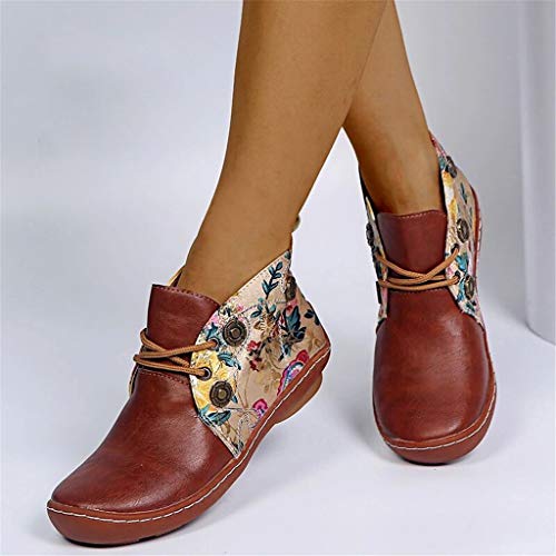 Botines Mujer Botas Mujer Zapatos de Cordones Vintage Otoño Botas Tacón Plano Cómodas Mujeres Botas Cortas con Cremallera Cabeza Redonda Zapatos Casuales