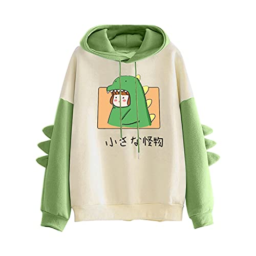 Briskorry Sudadera con capucha para adolescentes y niñas, diseño de dinosaurios, dibujos animados, sudadera deportiva de gran tamaño, chaqueta de manga larga con capucha, con cordón, verde, S