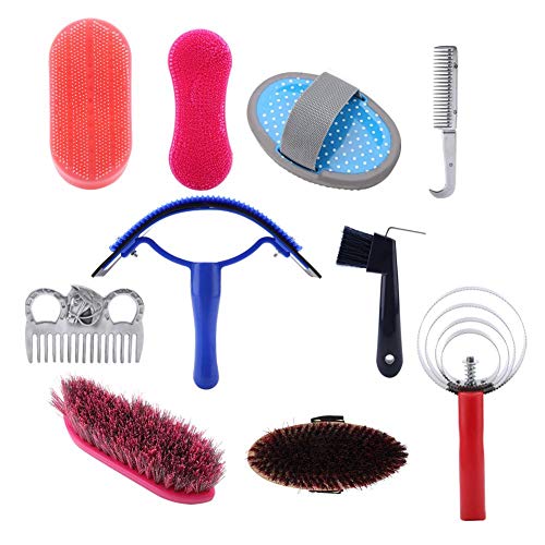 Broco Juego de cepillos para Caballos, 10Pcs Horse Grooming Care Kit Equestrian Brush Curry Comb Horse Cleaning Tool Set Set Horse Brush Set Professional Horse Cleaning Tool Kit