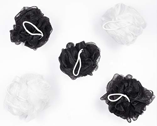 BRUBAKER Cosmetics Esponjas de Flor Exfoliante - Malla de Nylon para el Cuerpo - Puff Pufs Bola de Baño y ducha - 5 piezas - Negro Blanco