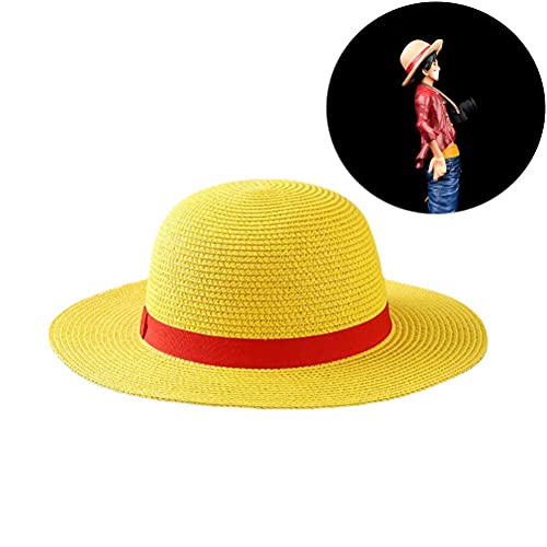 BSMEAN Sombrero de paja Luffy de una pieza, sombrero de paja Luffy con cadena pirata sombrero de anime Cosplay sombrero de paja para niños adultos