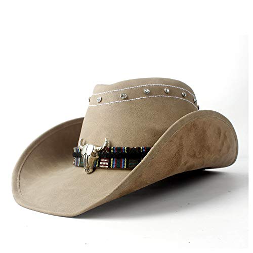 Bull Head Leather Band Gorra de cuero hecha a mano Mujeres Hombres Western Cowboy Cowgirl Sombrero de cuero Sombrero de ala ancha Autumn fashion (Color : Tan, Size : 58-59)