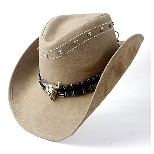 Bull Head Leather Band Gorra de cuero hecha a mano Mujeres Hombres Western Cowboy Cowgirl Sombrero de cuero Sombrero de ala ancha Autumn fashion (Color : Tan, Size : 58-59)